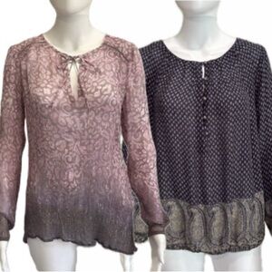 Lucky Brand Sheer Crinkled Print Peasant Tunic Top Bundle Size M Long Sleeve Y2K